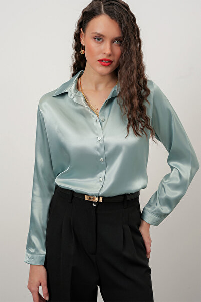 Merterium Kadın Çağla Saten Gömlek Geniş Beden Aralığı