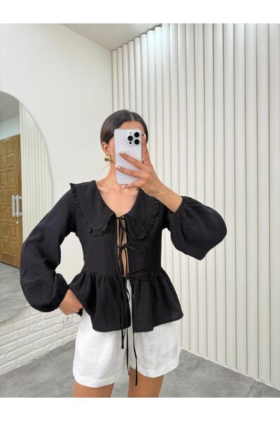 Gaus Black Baby Collar Tie Front Blouse Gaus00334