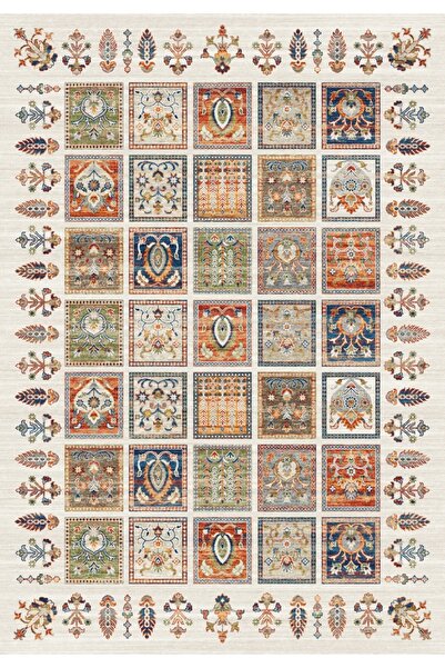 Alpina Home Lavin Yıkanabilir Dokuma Taban Krem Etnik Desenli Salon Mutfak Oturma Odası Kilimi