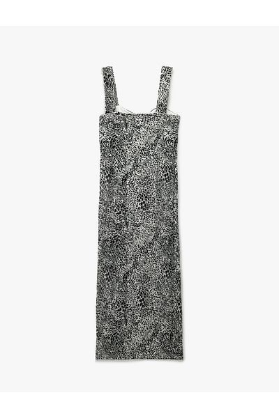 Koton Bürümcük Thick Strap Bodycon Slit Detail Sleeveless Long Leopard Dress