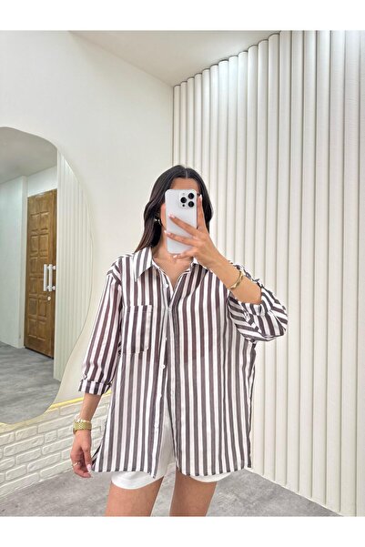 Gaus Kahve Çizgili Pamuk Karışımlı Kumaş Gömlek Gaus00324