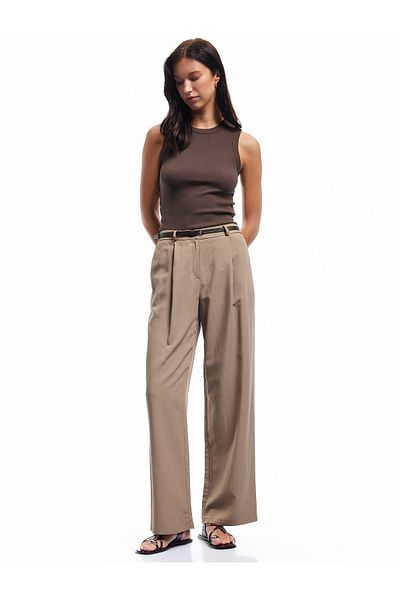 Koton Belted High Waist Wide Leg Linen Blended Trousers