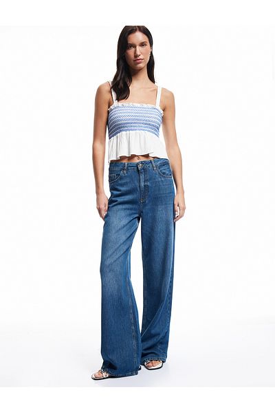 Koton Gimped Embroidered Scallop Detailed Square Neck Strappy Crop Blouse