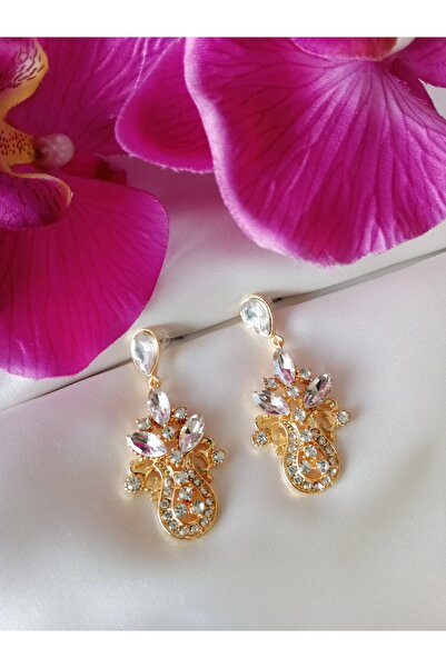 Pervin Ablacım El yapımı beyaz taşlı şık gösterişli sallanan Gold küpe