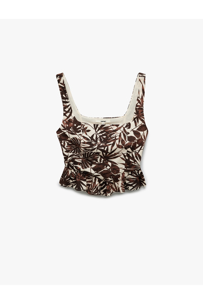 Koton Square Neck Floral Patterned Linen Blended Strap Ruffle Crop Bustier