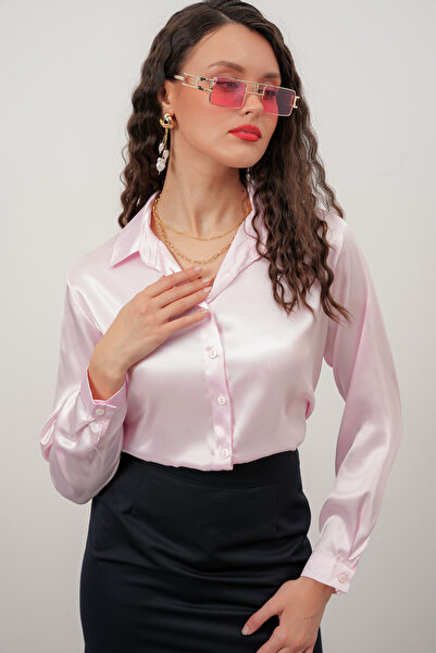 Merterium Cămașă roz din satin pentru femei Gamă largă de mărimi