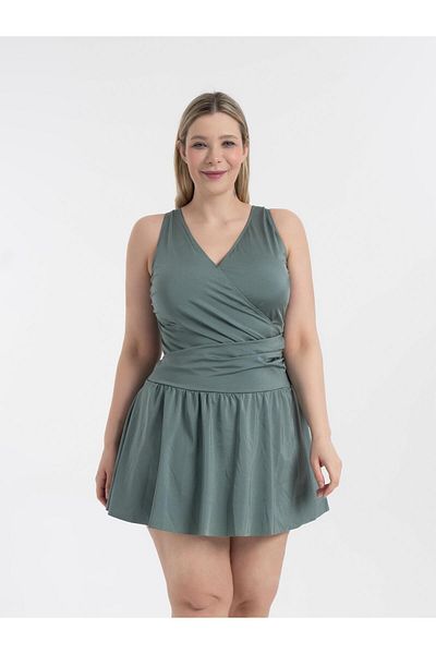 AQUAVİVA Women's Khaki Green Large Size Dakota Double Breasted Detailed Shorts Swimsuit