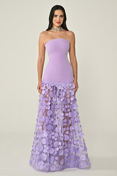 ALFABETA تنورة كريب بدون حمالات، فستان طويل أنيق من التول ثلاثي الأبعاد