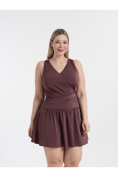 AQUAVİVA Women's Brown Plus Size Dakota Double Breasted Detailed Dress Swimsuit with Shorts