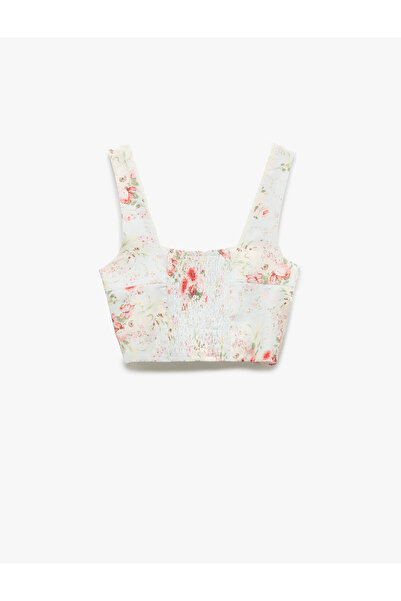 Koton Viscose Linen Blended Square Neck Gimped Thick Strap Crop Floral Blouse