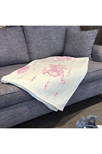ge living Kaplan İşlemeli %100 Pamuk Müslin Koltuk Şalı ( Pembe )