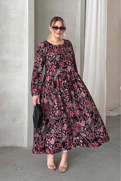 Stil Diva Plus Size Tie Front Print Long Sleeve Midi Dress 615699