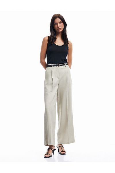 Koton Belted Pocket Straight Wide Leg Linen Trousers