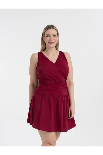 AQUAVİVA Women's Burgundy Plus Size Dakota Double Breasted Detailed Dress Swimsuit with Shorts