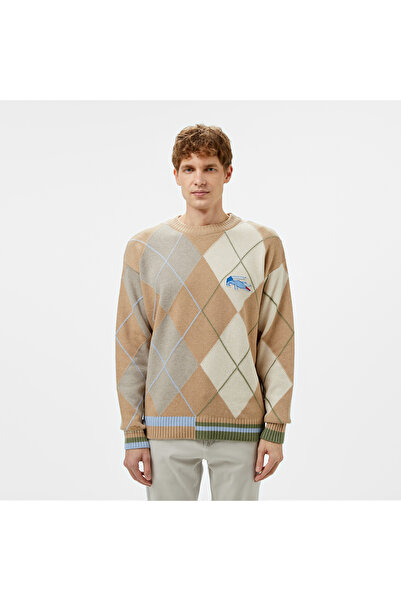 Lacoste Erkek Loose Fit Bisiklet Yaka Renk Bloklu Kahverengi Kazak