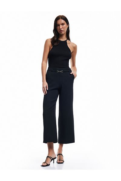 Koton Crepe Fabric Accessory Detailed Pocketed Straight Loose Wide Leg Trousers