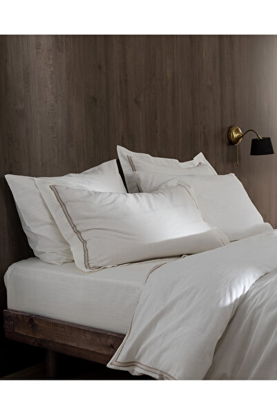 Madame Coco Tina Double Linen Look Washed 100% Cotton Duvet Cover Set - White/Beige