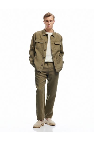 Koton Linen Chino Summer Trousers with Lace-Up Waist and Pocket Detail