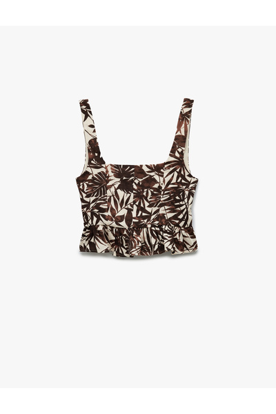 Koton Square Neck Floral Patterned Linen Blended Strap Ruffle Crop Bustier