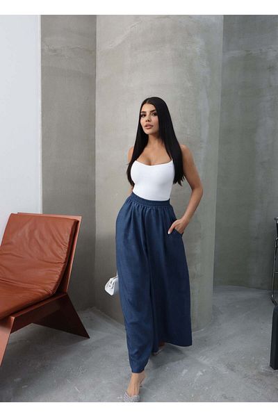 Hatun Atila Filament Linen Skirt Trousers 8826 Navy Blue