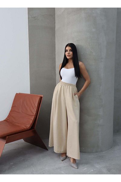 Hatun Atila Filamlı Linen Skirted Pants 8826 Beige