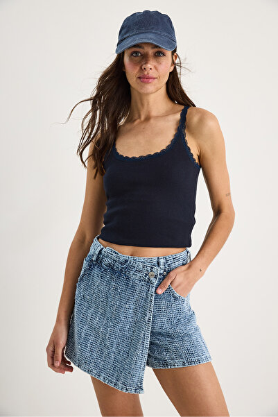 Bianco Lucci Kadın Cep Detaylı Kruvaze Kapamalı Dokulu Denim Şort Etek 8017 60283269
