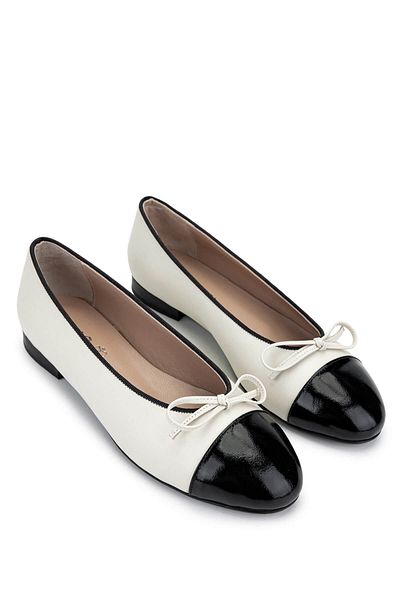 Tamer Tanca Women's Genuine Leather Black Patent Leather/Beige Ballerina Shoes