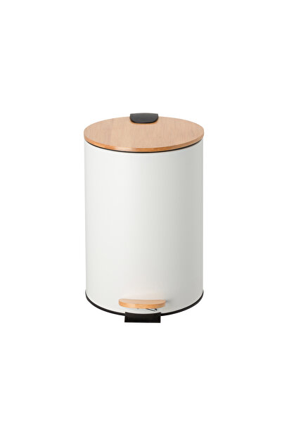 Vadi 12 Lt White Pedal Metal Trash Can - Stylish Kitchen and Bathroom Bucket with Bamboo Lid and Quiet Closing