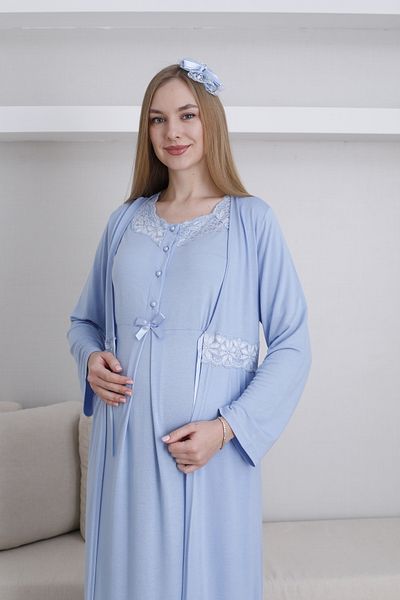 Lohussa Set de 2 cămăși de noapte pentru maternitate, 100% bumbac, cu design albastru, lungime întreagă