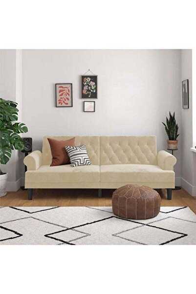 soufa dibaj شوكولاتة | أريكة بثلاثة مقاعد مُنجّدة بالمخمل، ٢١٢×٨٢×٨٤ سم - بيج...