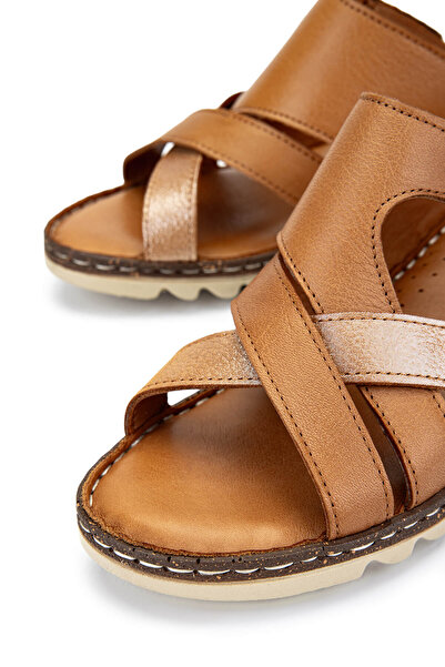 Tamer Tanca Women's Genuine Leather Tan Flat Slippers