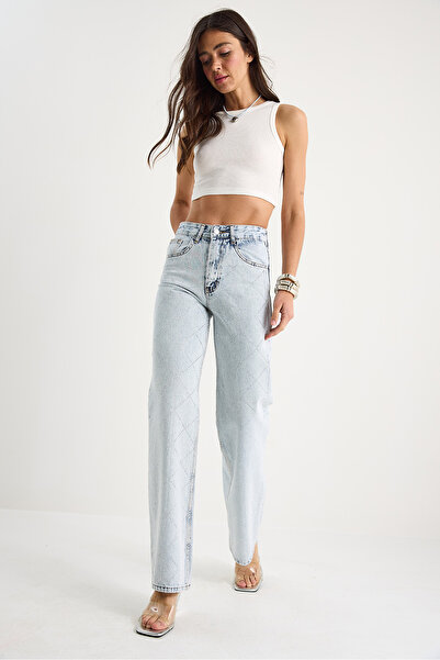 Bianco Lucci Pantaloni drepți din denim cu imprimeu digital cu piatră cu model diamant pentru femei 488 60283287