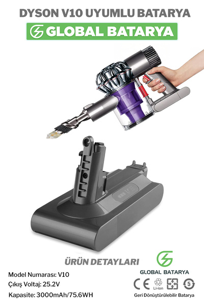 GLOBAL BATARYA DYSÖN V10 Uyumlu Dikey Süpürge Bataryası 3000mAh 25.2V Li-ion Pil