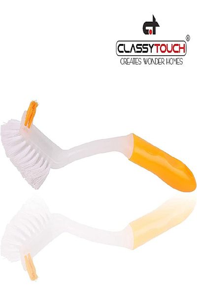 CLASSYTOUCH Plastic Scrub Brush with Non-Slip Handle for Dishes, Pans, Pots & Sink Cleaning (Yellow & White)