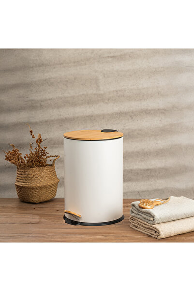 Vadi 12 Lt White Pedal Metal Trash Can - Stylish Kitchen and Bathroom Bucket with Bamboo Lid and Quiet Closing