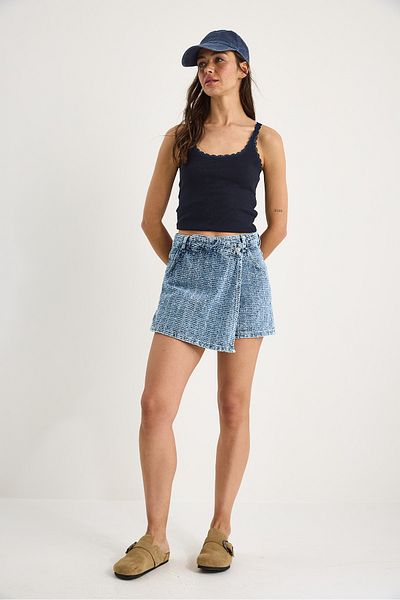 Bianco Lucci Women's Pocket Detailed Double Breasted Textured Denim Shorts Skirt 8017 60283269