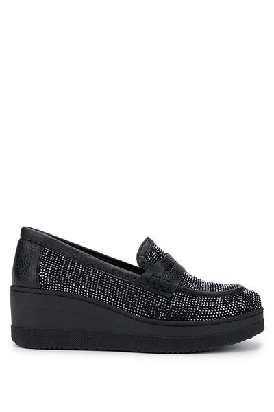 Tamer Tanca Women's Genuine Leather Black Stone Loafer Shoes