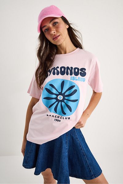 Bianco Lucci Women's Mykonos Printed Oversize Cotton T-Shirt 5446 60283290