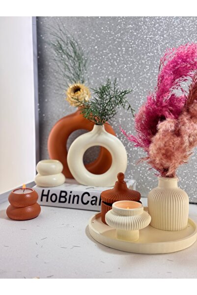 BLANJ Bohem Tasarım Dekoratif 2’li Halka Vazo 2’li Mumluk, yuvarlak Tepsili S...