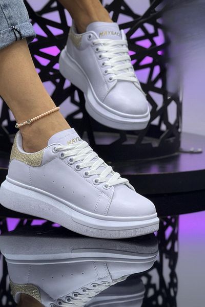 Weynes Pantofi sport casual pentru femei, aur alb, cu talpă plată, WSB4010