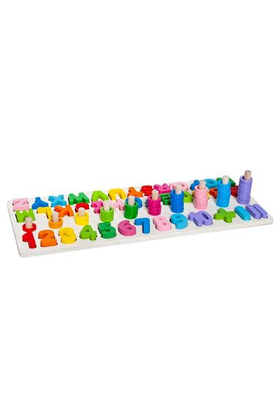 zola 3 in 1 wooden game, logarithmic, letters and numbers, with stacking pieces, rainbow colors