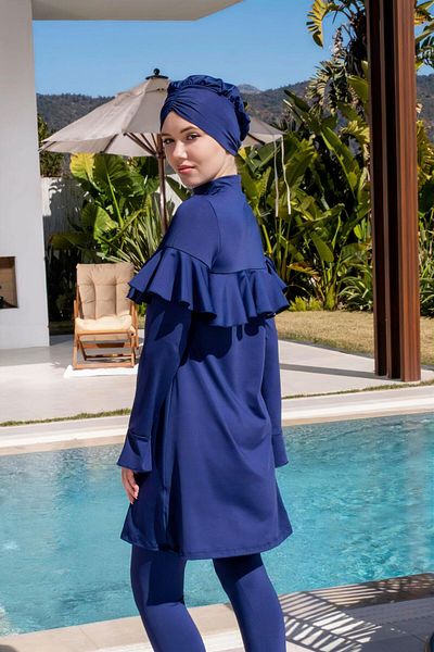 Mayom Navy Blue Ruffle Detailed Lycra Hijab Swimsuit - 2532