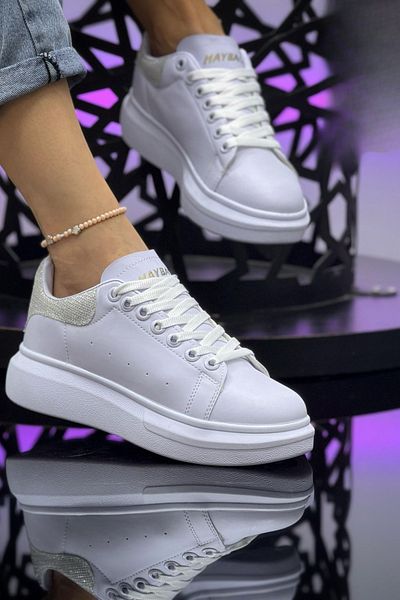Weynes Pantofi sport casual de damă, alb, argintiu, cu talpă plată, WSB4010