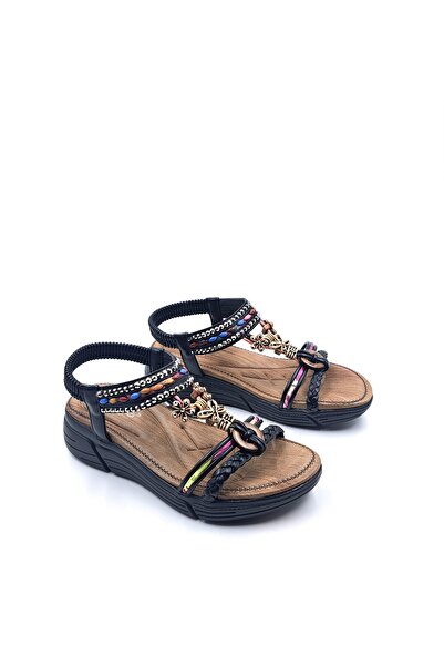 Guja Taş ve Boncuk Örgü Detaylı Lastikli Dolgu Taban Siyah Kadın Sandalet