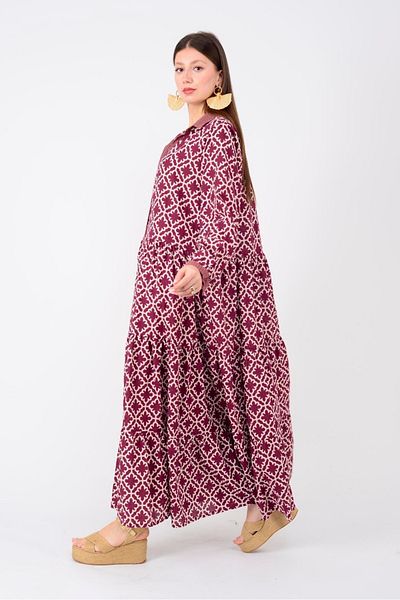 Park Moda Women's Long Sleeve Marine Patterned Burgundy Garni Detailed Cotton Maxi Thin Summer Hijab Shirt Dress