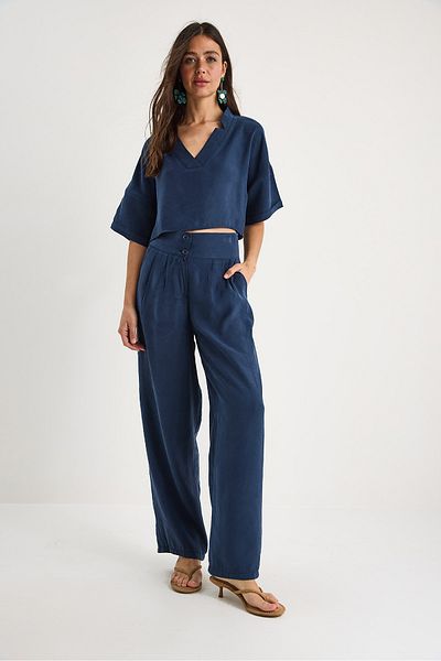 Bianco Lucci Bluză de damă cu decolteu în V cu pantaloni cu talie înaltă Costum modal de jos-sus 9330 60281052