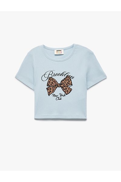 Koton Tricou crop din bumbac cu mânecă scurtă cu decolteu cu panglică imprimată