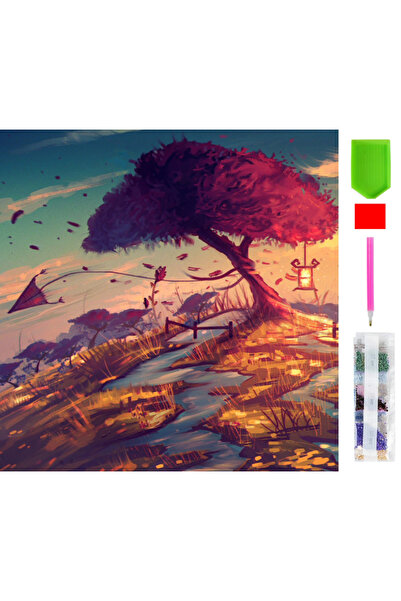 zola Diamond mosaic tapestry, tree pattern with magenta flowers, 50 x 65 cm