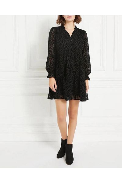 ŞİNDO GİYİM Zebra Pattern Black Chiffon V Neck Button Women Dress