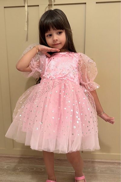 penu baby kids Pink Star Patterned Bow Short Balloon Sleeve Girl's Baby Girl Dress - Star